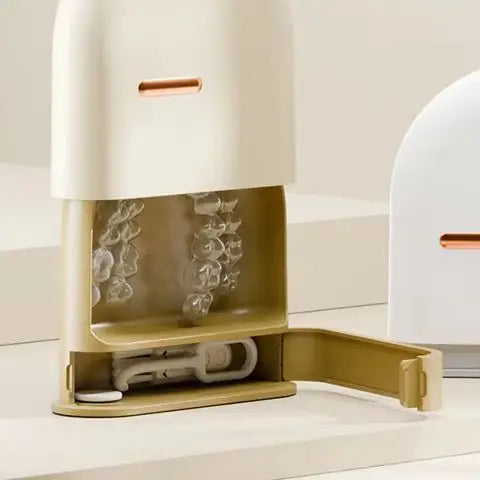 boîte rangement prothèse dentaire moderne beige blanc vert rose mat minimaliste adhésif brosse accessoires