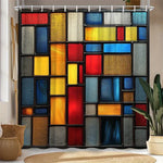 rideau douche mosaïque colorée texture grunge moderne rouge jaune bleu gris noir abstraite anneaux