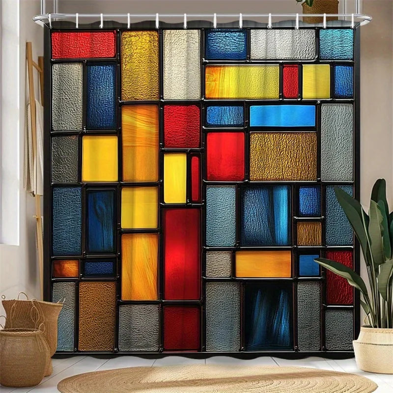 rideau douche mosaïque colorée texture grunge moderne rouge jaune bleu gris noir abstraite anneaux