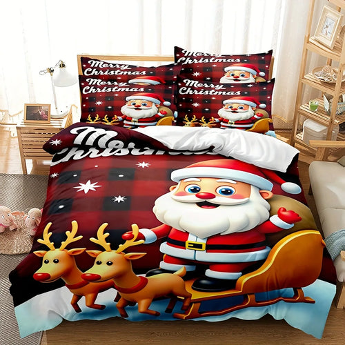 housse couette impression 3d rennes noël carreaux rouge oreillers drap plat simple double enfant