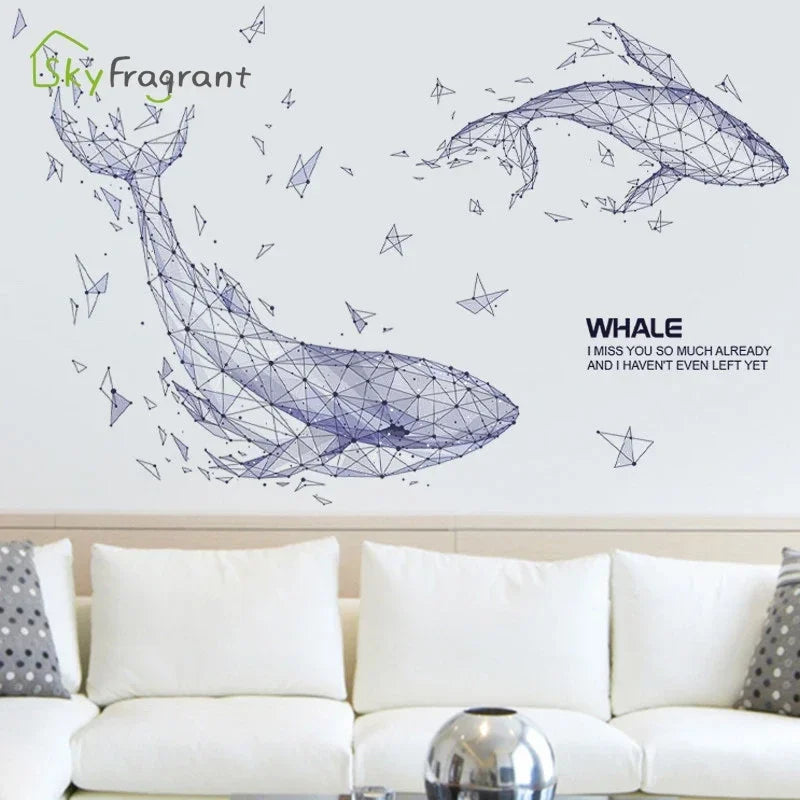 autocollant mural moderne baleine bleu gris blanc géométrique triangulaire salon chambre 60x90cm