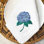 serviettes table brodées hydrangeas blanc bleu vert or élégantes mariage anniversaire