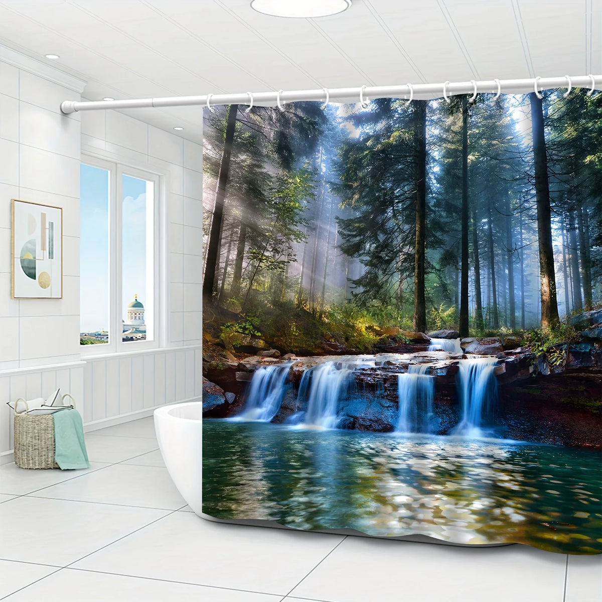rideau douche moderne paysage forestier cascades opacité polyester blanc enchanteresse anneaux métal machine