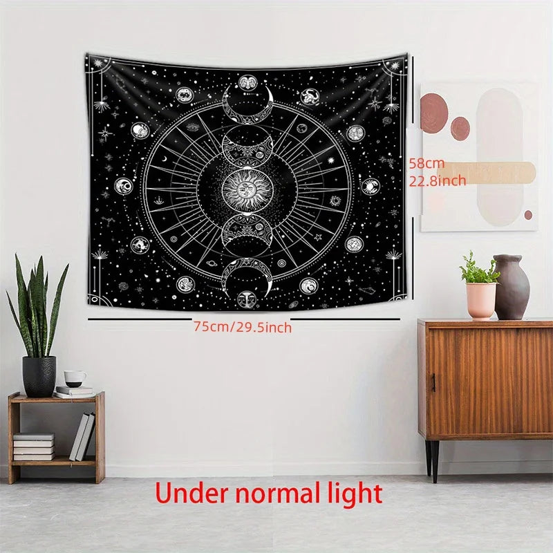 tapisserie murale imprimée phases lunaires étoiles géométrique noir blanc clips métalliques décoration maison