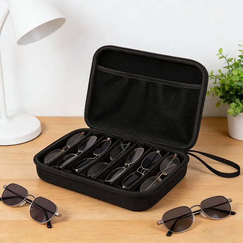 sac rangement lunettes soleil réutilisable tissu texturé compartiments organisation voyage blanc noir marron