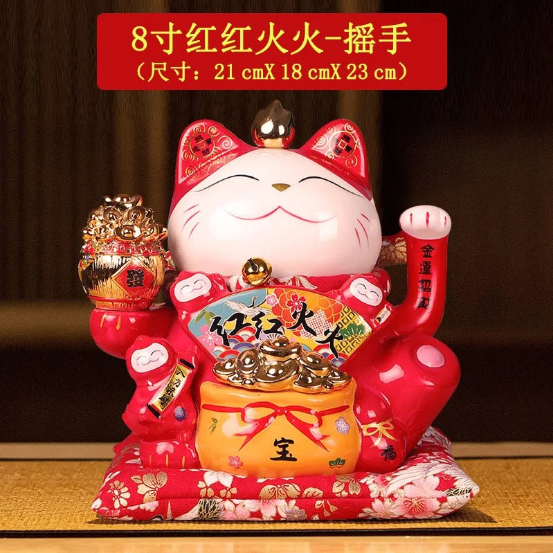 statue chat porte bonheur fleurs chinoises blanc rouge or artisanal décoration