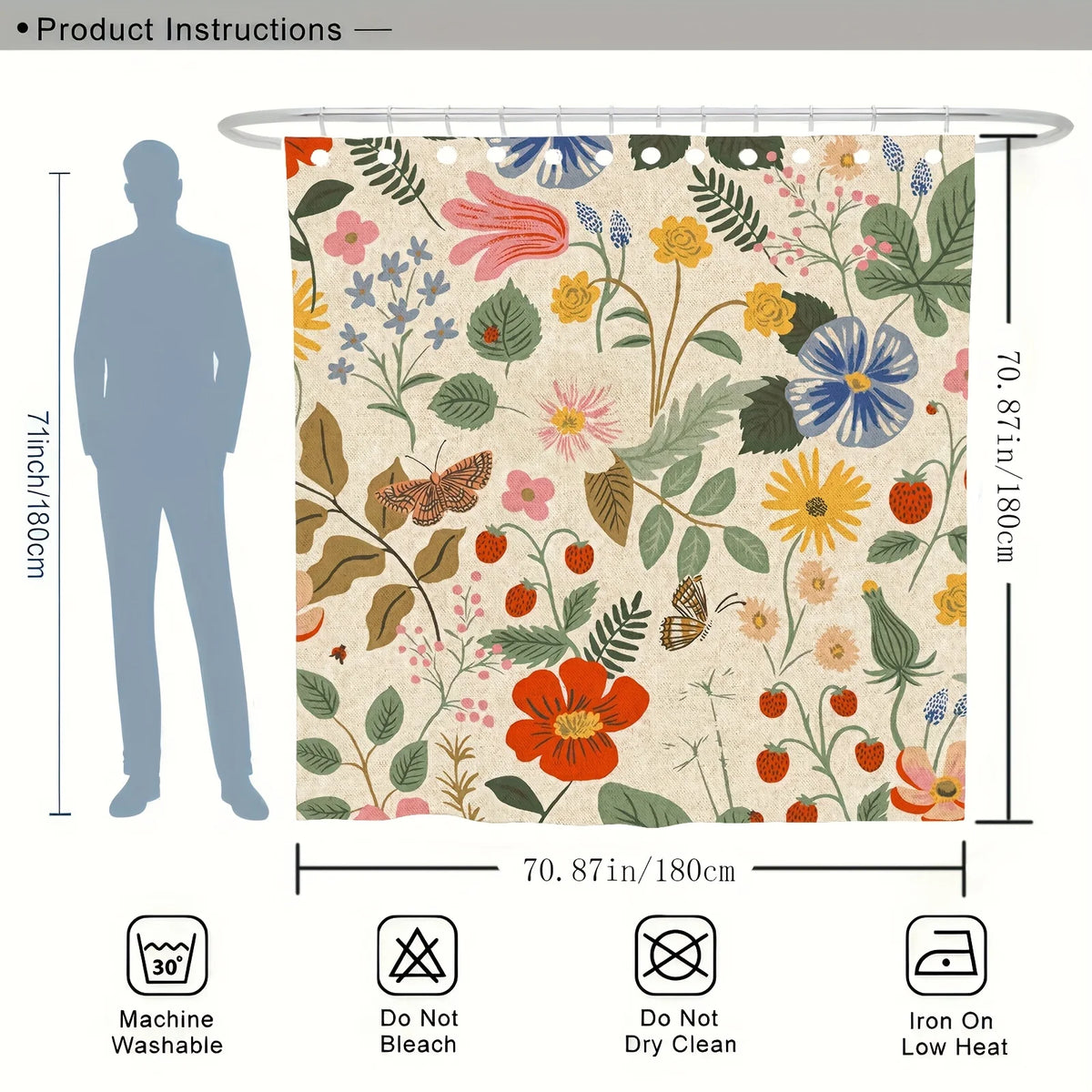 rideau douche floral imprimé papillons couleurs vives polyester respectueux environnement dimensions 180x180cm