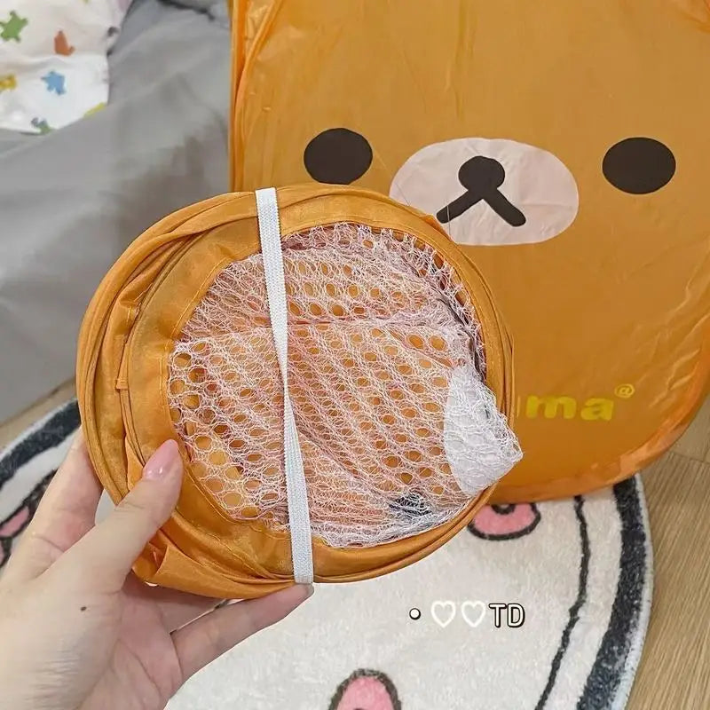 panier linge pliable rilakkuma orange dessin animé rangement chambre enfantin motif personnalisé tissu opaque