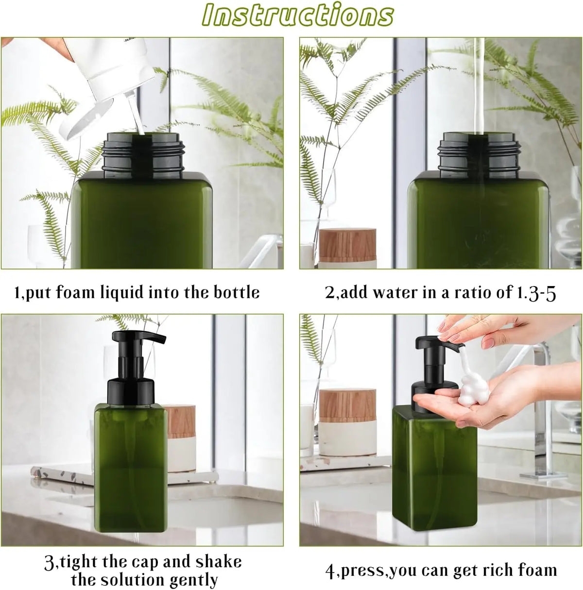 flacon savon liquide 450ml vert foncé contemporain pompe rechargeable bouteille salle bain mousse blanche