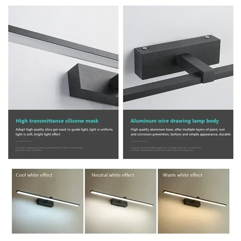 lampe miroir moderne noir blanc doré fixée mur led tricolore 40cm 60cm