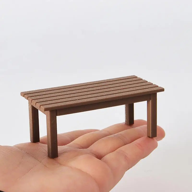 meubles miniatures rustiques banc marron aspect bois livre tasse table jeu imitation poupées maison
