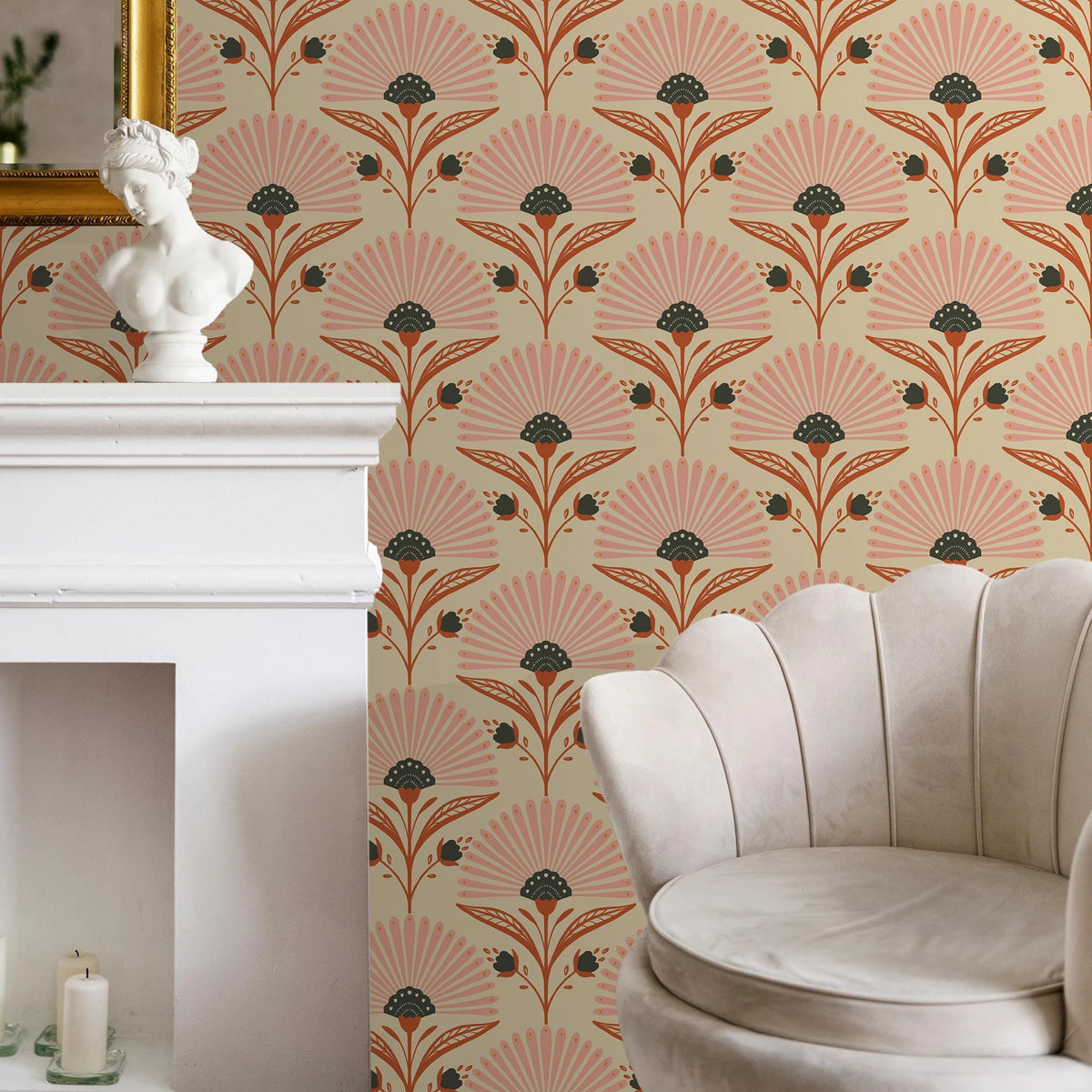 papier peint fleurs stylisées art déco beige rose noir résistant humidité autocollant chambre cuisine