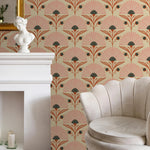 papier peint fleurs stylisées art déco beige rose noir résistant humidité autocollant chambre cuisine