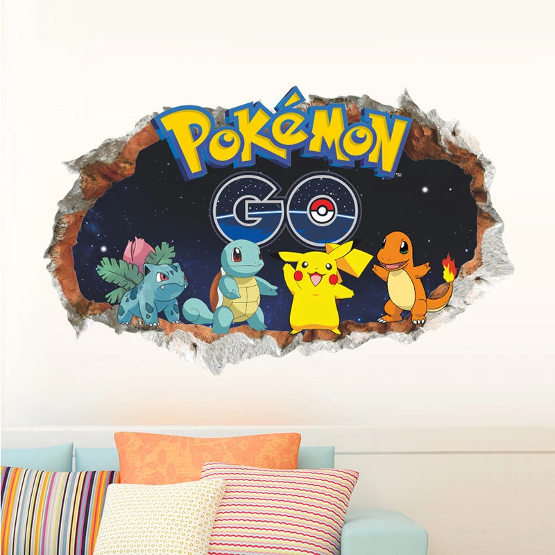 sticker mural 3d pokemon pikachu personnages animés arrière plan naturel adhésif