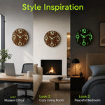 horloge murale moderne bois foncé chiffres blancs texture naturelle pouces facile lecture quartz salon