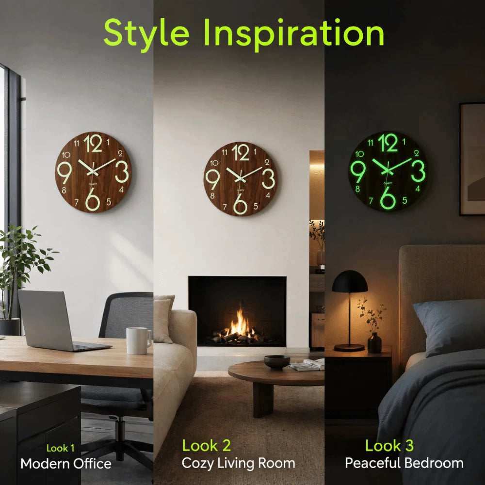 horloge murale moderne bois foncé chiffres blancs texture naturelle pouces facile lecture quartz salon