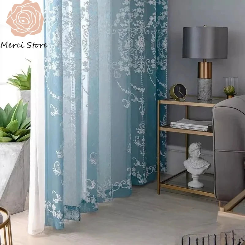 rideau bleu clair brodé transparent fenêtre classique chambre salon isolation thermique