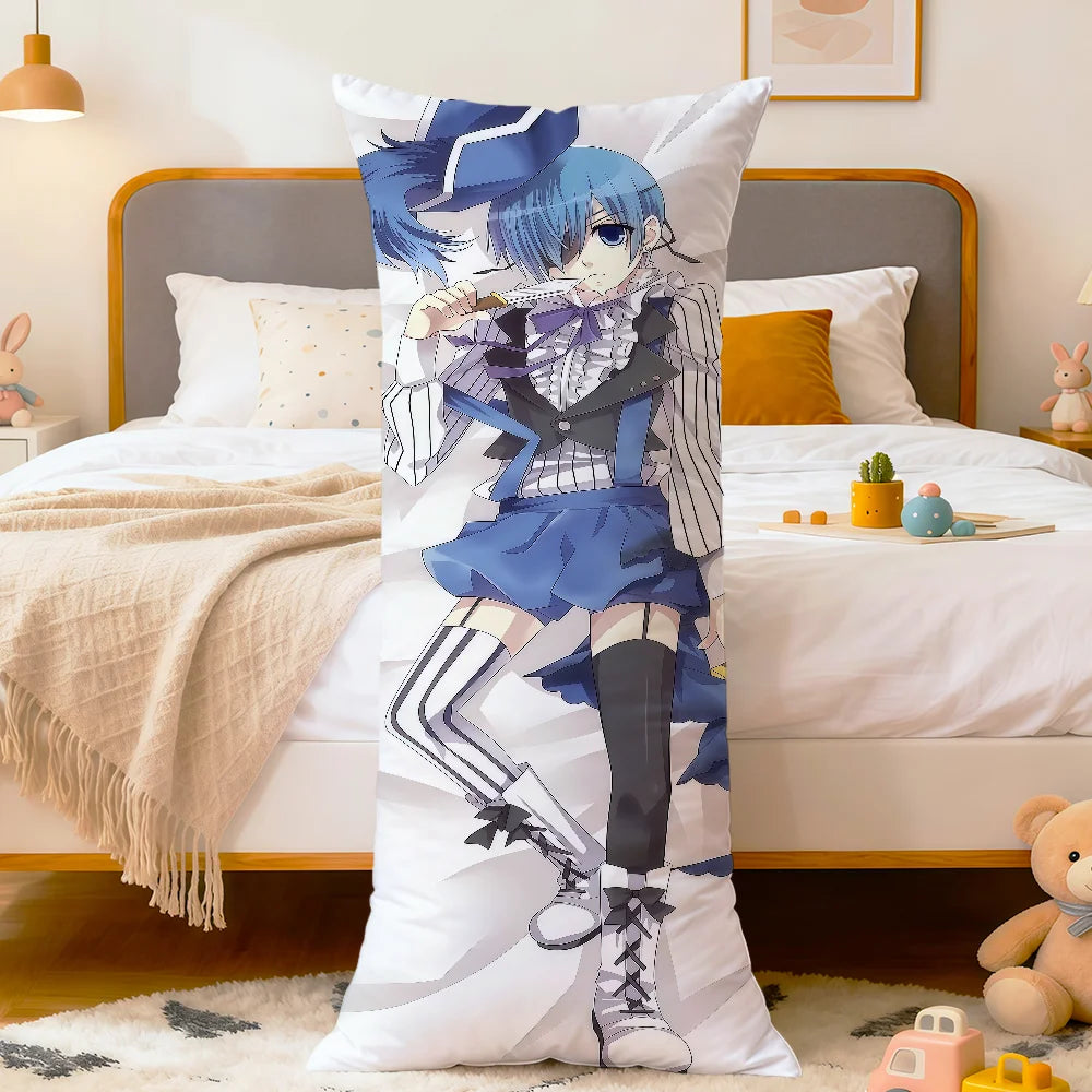 coussin allongé anime violet bleu blanc fleurs stylisées personnages 100 polyester double face imprimé