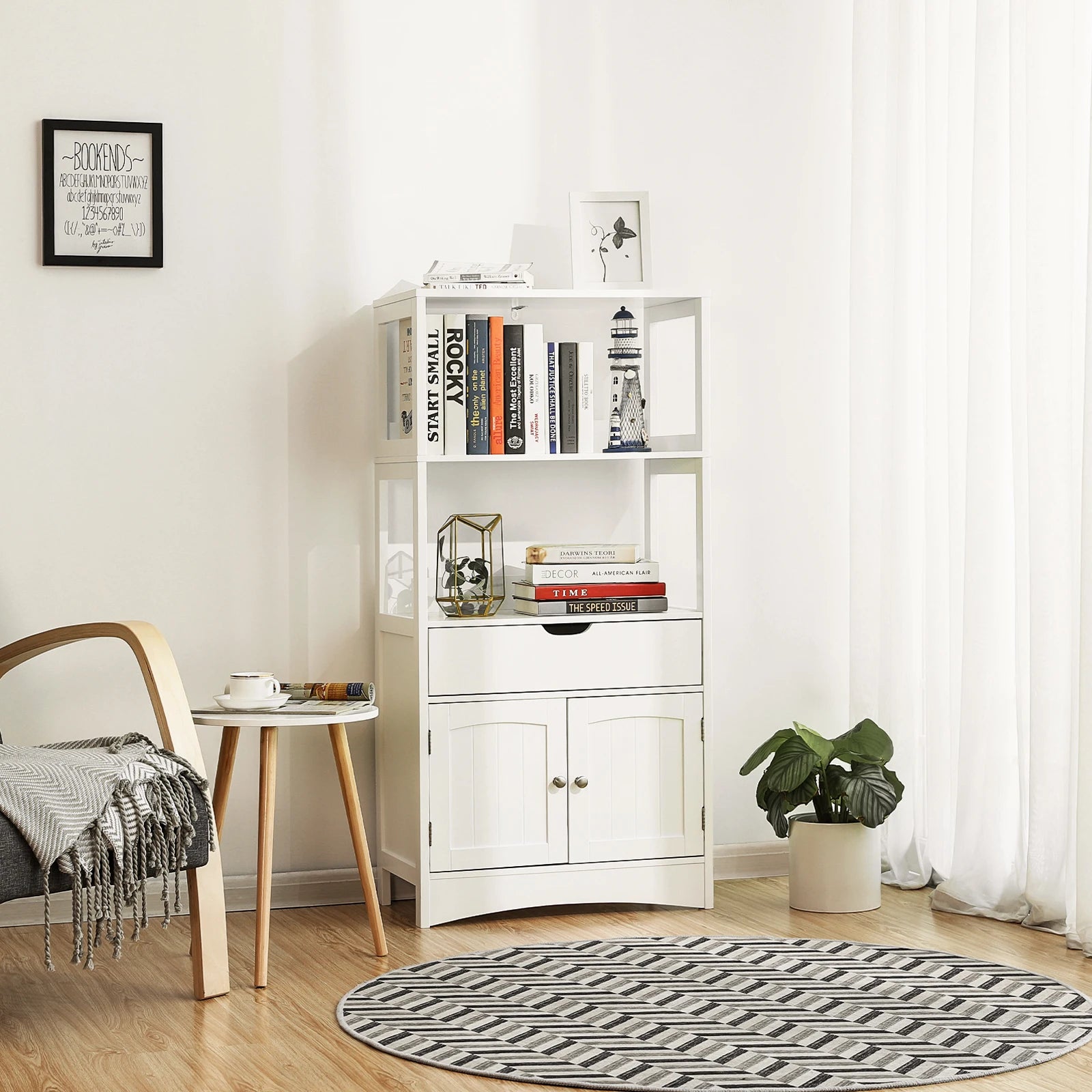 Vue de face du meuble de rangement blanc