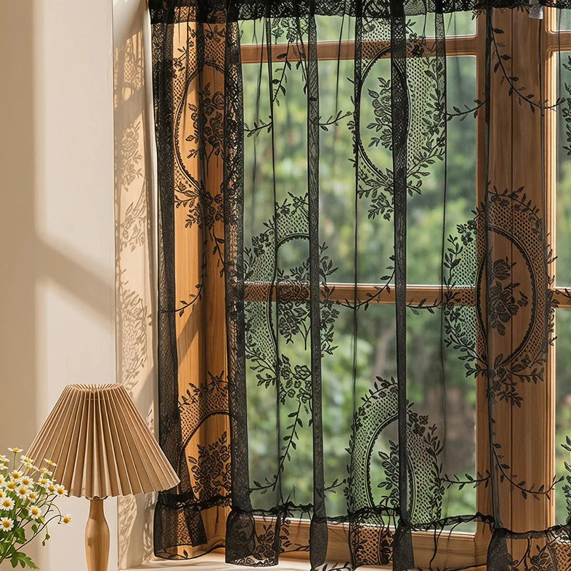 rideau vert clair noir floral translucide classique romantique fenêtre sans perçage