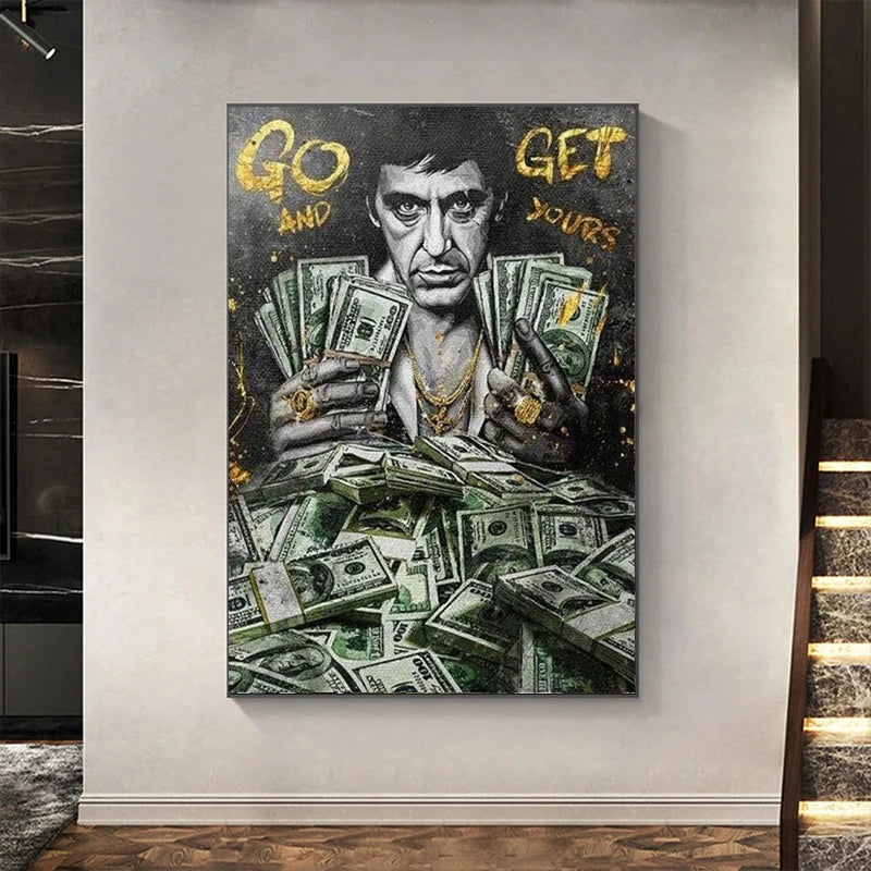 toile d'art portrait argent vert noir texte motivation contemporain réaliste billets banque