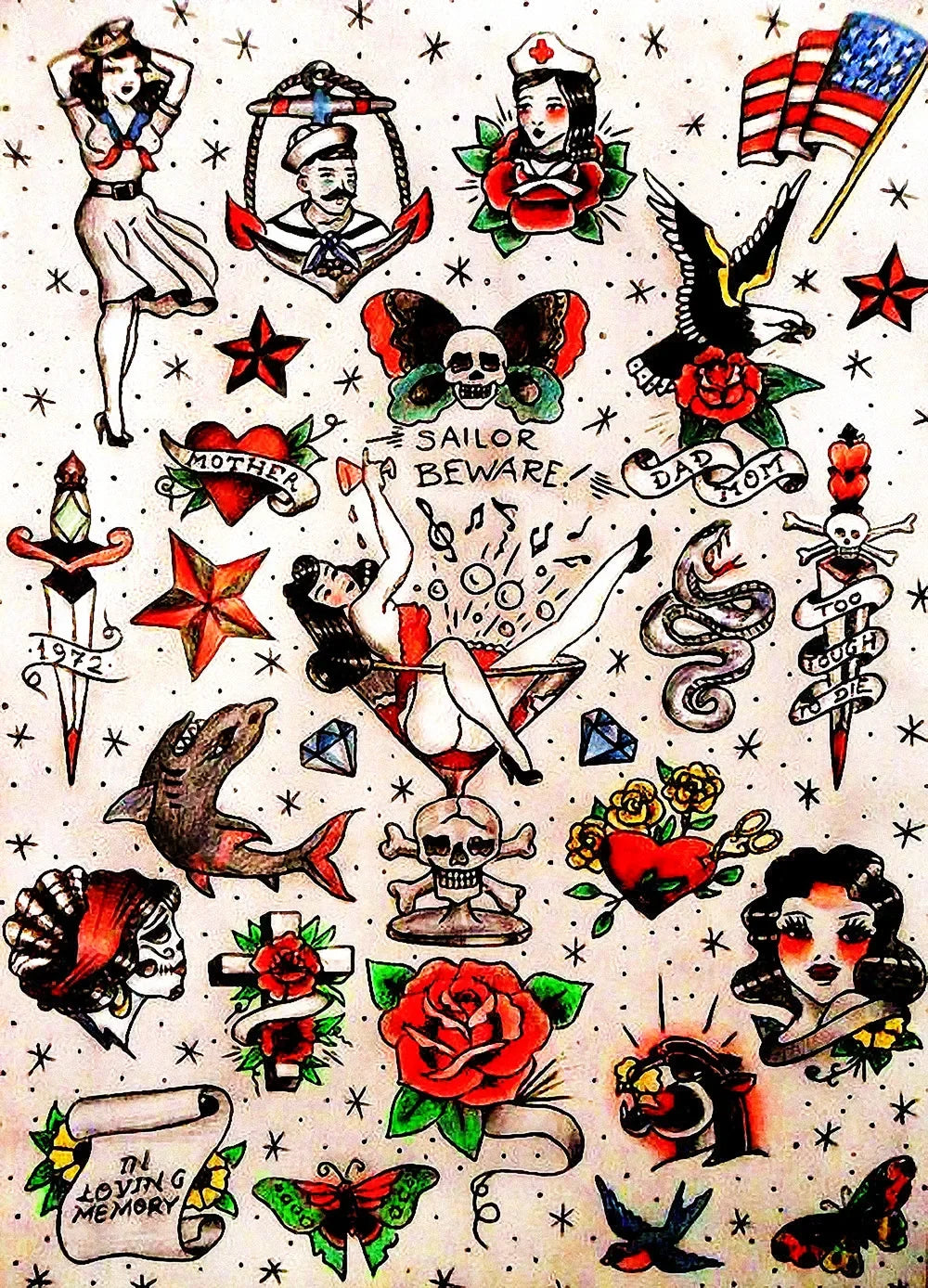 sticker autocollant tatouage vintage motifs traditionnels fleurs animaux symboles rouge noir beige blanc bleu