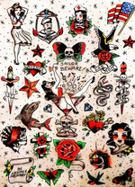 sticker autocollant tatouage vintage motifs traditionnels fleurs animaux symboles rouge noir beige blanc bleu