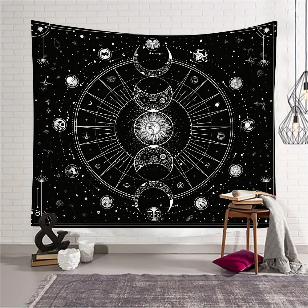 tapisserie murale imprimée phases lunaires étoiles géométrique noir blanc clips métalliques décoration maison