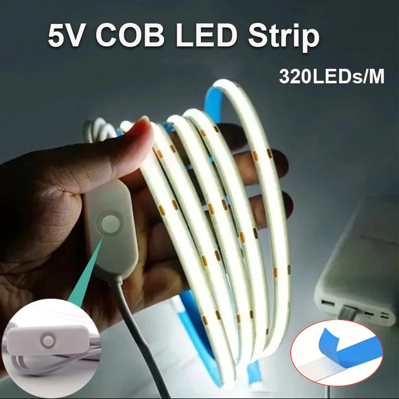 ruban led cob blanc flexible adhésif interrupteur on off lisse haute densité 50000h