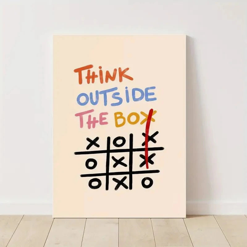 affiche moderne think outside the box tic tac toe beige clair noir rouge bleu