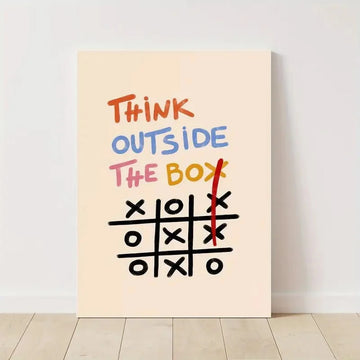 affiche moderne think outside the box tic tac toe beige clair noir rouge bleu