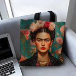 sac main toile blanc motif floral moderne poignées noires fleurs femme réutilisable grande capacité
