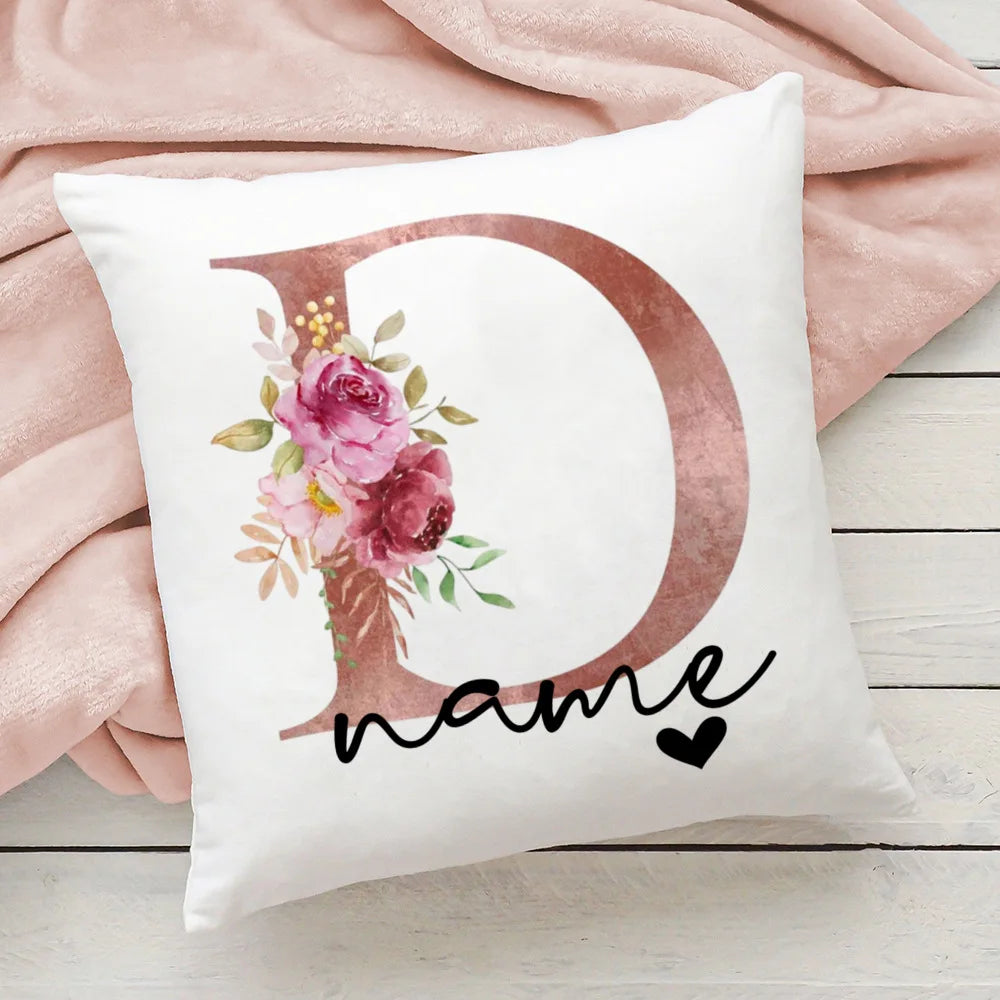 taie d'oreiller motif floral rose lettres initiales respectueux environnement moderne blanc