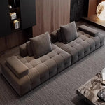 Canapé d'angle gris foncé velours minimaliste coussins repose pieds dimensions variées jusqu'à 420x112cm
