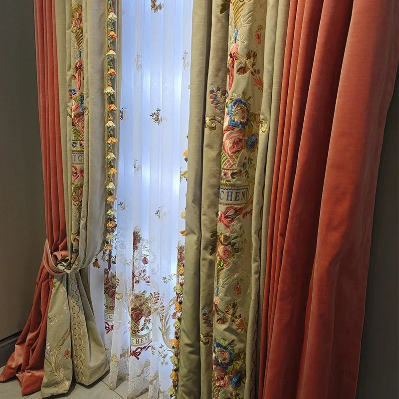 rideaux floral brodés velours beige rose classiques rubans dorés translucides 200x250cm