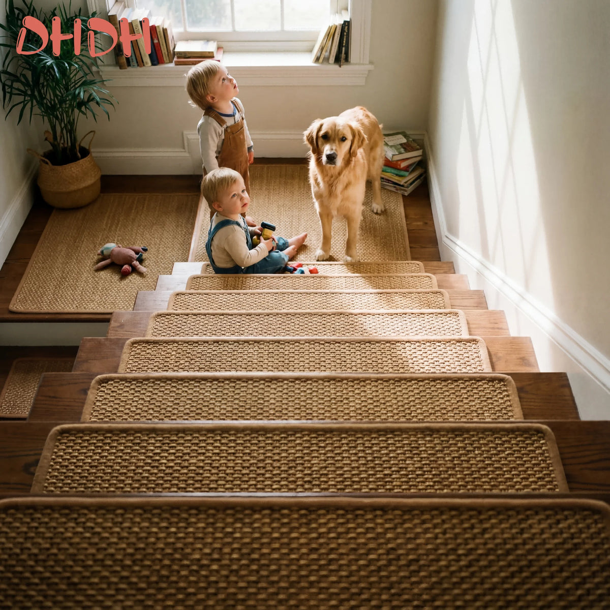 tapis d'escalier beige clair tissé motifs géométriques simple moderne antidérapant durable