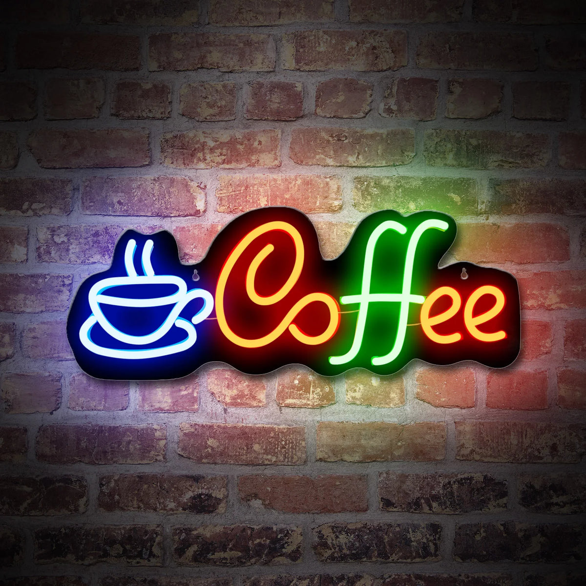 enseigne néon moderne lettres Coffee tasse bleu rouge vert fixée crochets