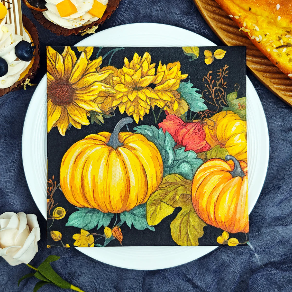 serviettes tissu réutilisables fleurs citrouilles illustration 33cm 33cm noir jaune orange vert rouge festive