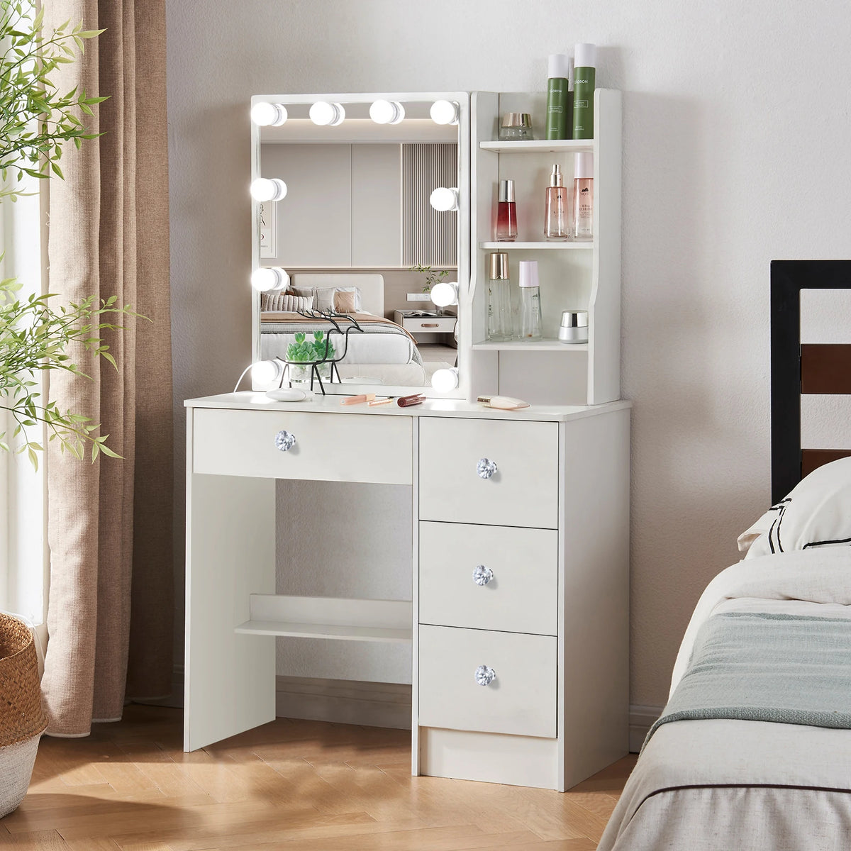 coiffeuse moderne blanche miroir led tiroirs étagères rangement maquillage