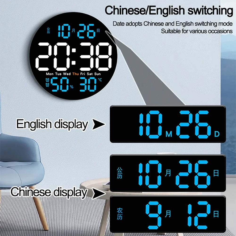 horloge murale numérique moderne affichage led temps date température humide noir bleu vert