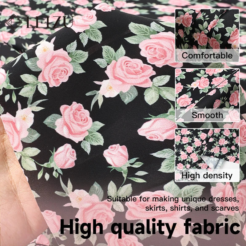 tissu mousseline polyester imprimé fleurs roses fond noir couture robe chemisier rideau diy