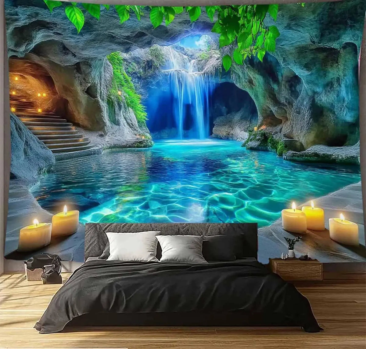 tapisserie paysage cascade rochers eau végétation bleu vert beige noir impressionniste réalisteintérieur decoration