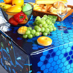 nappe fête jeu vidéo tablecloth motif gamepad anniversaire enfants graphique hexagonal bleu rouge