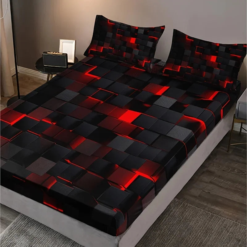 draps housse taies oreiller motifs cubes 3d moderne rouge noir futuriste qualité impression hd