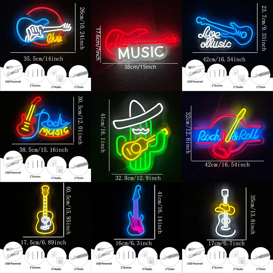 néon lumineux guitare rock roll live music couleur rouge bleu jaune blanc fixations