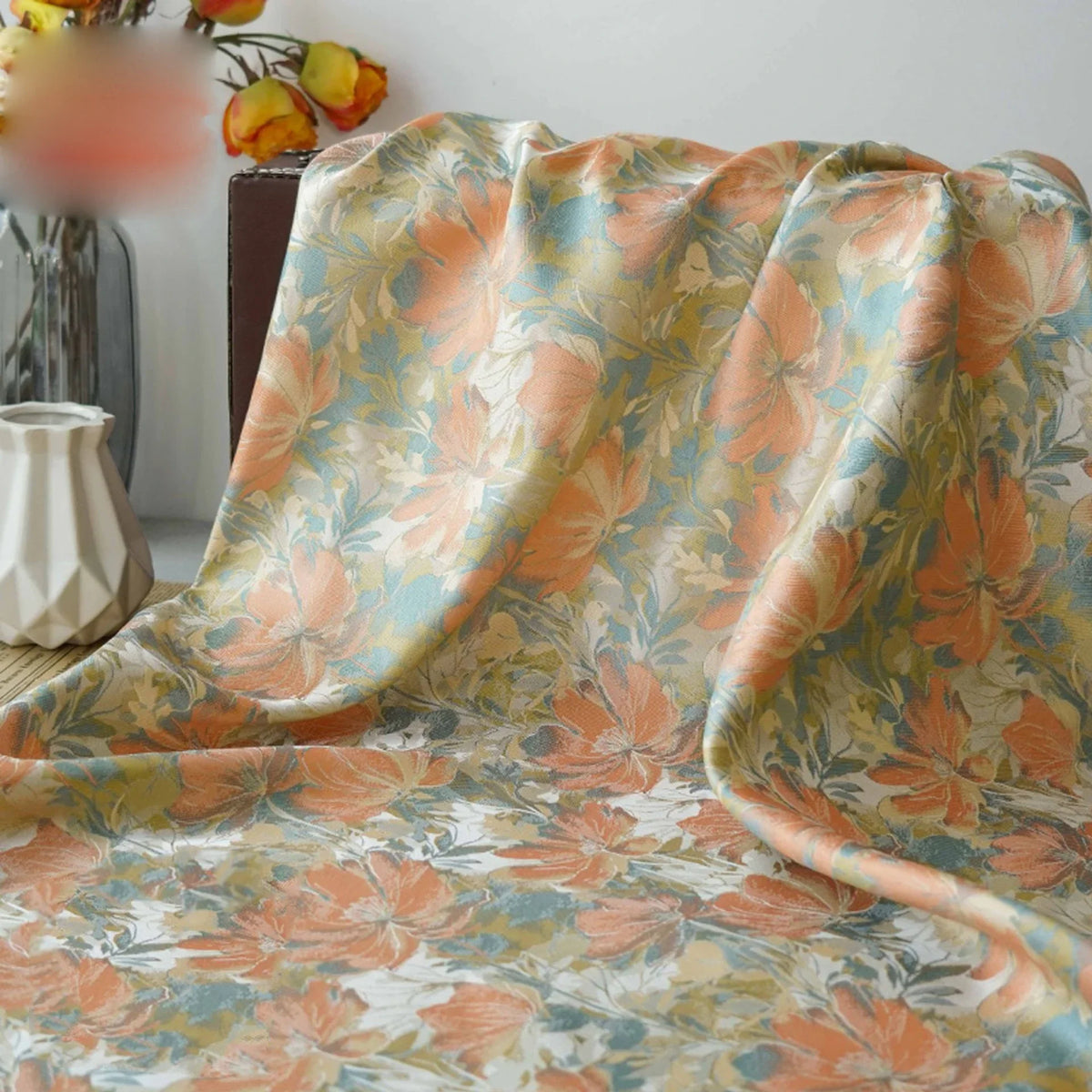 tissu imprimé floral orange bleu vert polyester largeur 158cm respectueux environnement Jacquard fleurs opaques