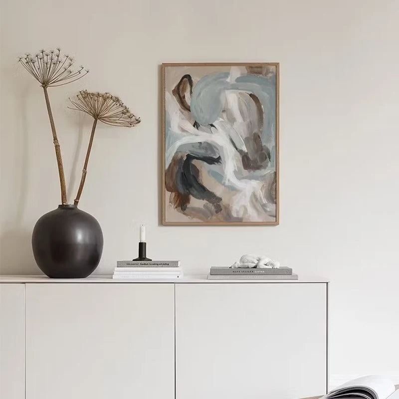 tableau toile art abstrait peinture moderne vert gris noir blanc cadre bois décoration murale