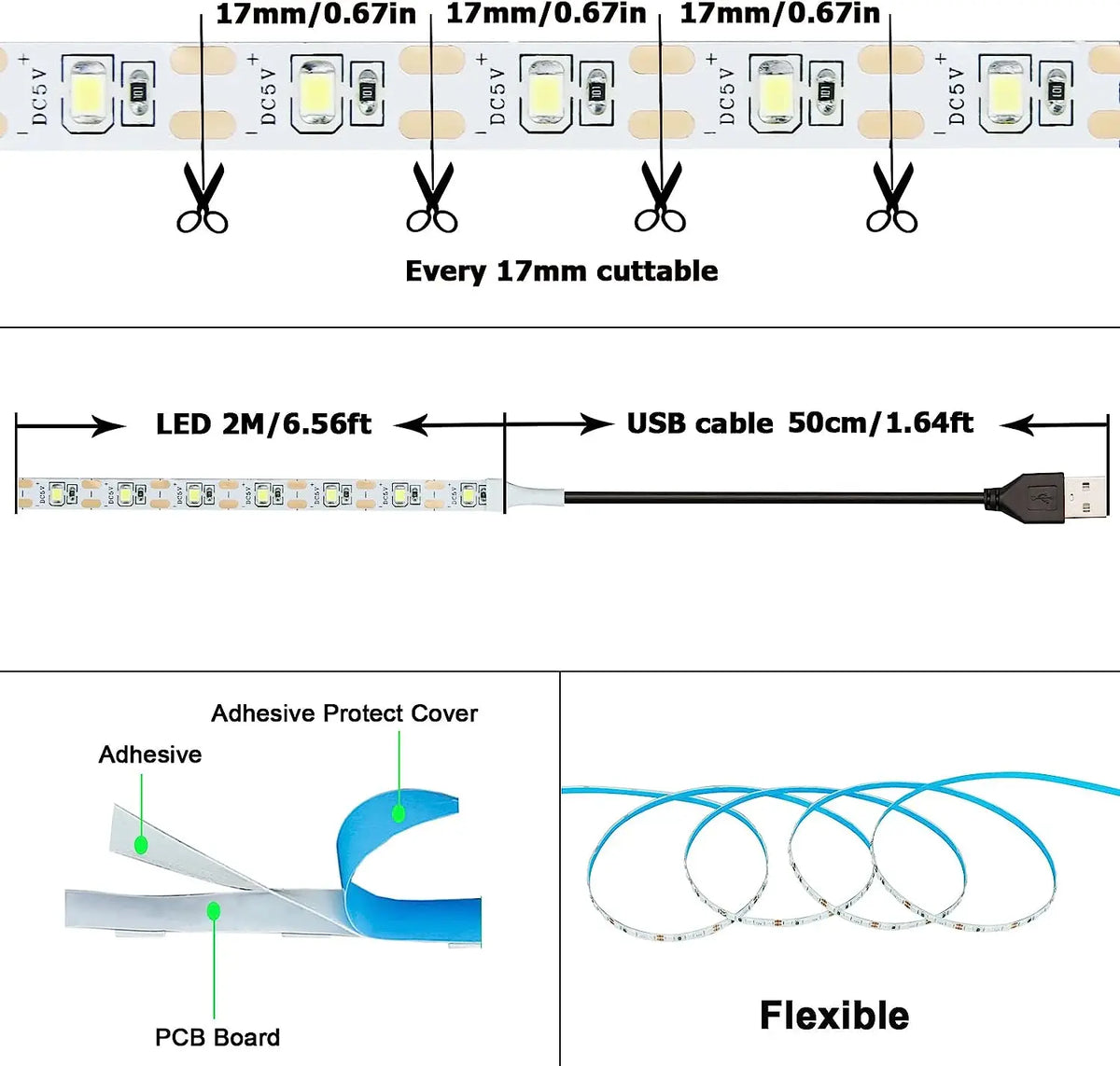 ruban led flexible blanc adhésif moderne éclairage décoration maison 2m câble usb