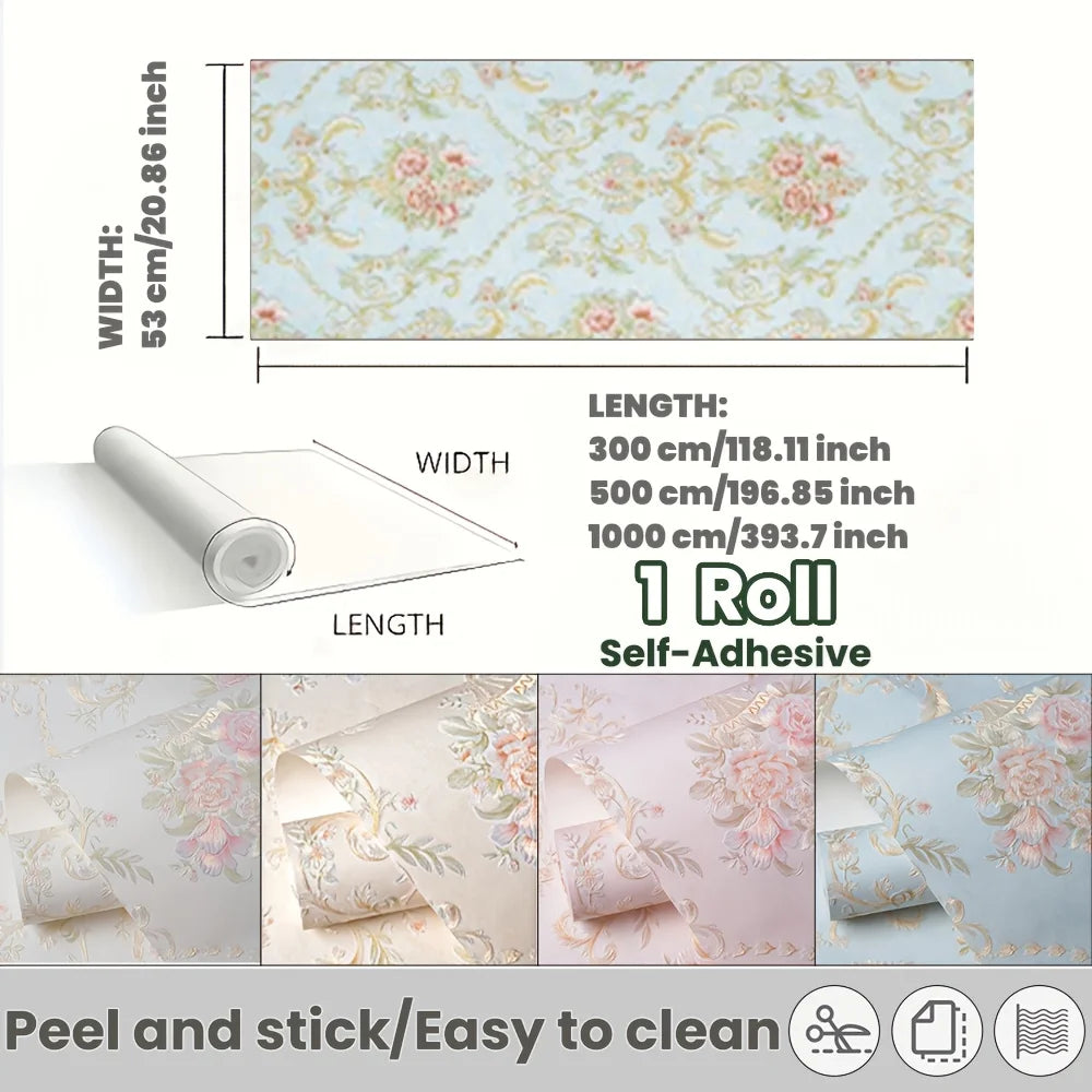 papier peint auto adhésif fleurs baroques romantique chambre fille rose beige bleu pastel
