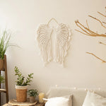 décoration murale ailes macramé blanc boho artisanal franges anneaux métalliques